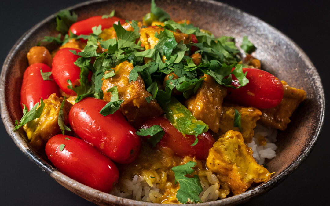 Aromatic Lemongrass Turmeric Coconut Curry with Fried Tofu & Cherry Tomatoes