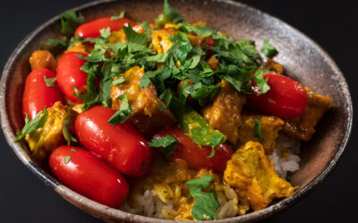 Aromatic Lemongrass Turmeric Coconut Curry with Fried Tofu & Cherry Tomatoes